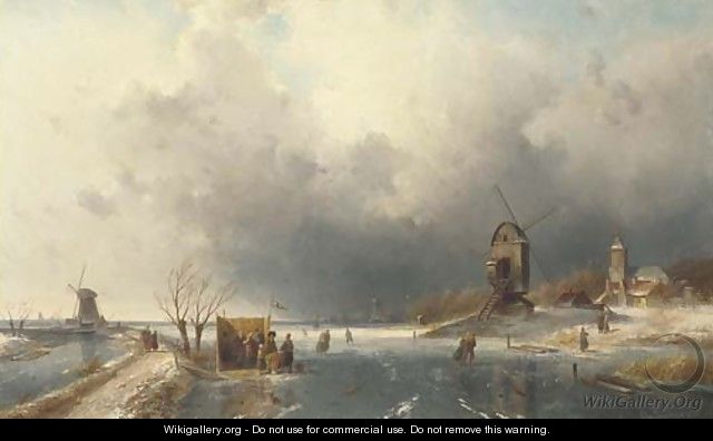Skaters in a Winter landscape - Charles Henri Joseph Leickert