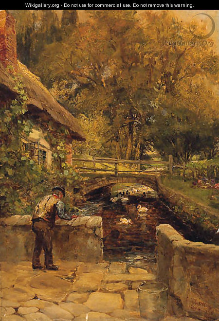 Ducks On A Stream By A Cottage In A Wooded Landscape - Charles James Lewis