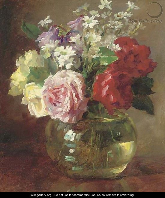Roses and daisies in a glass vase - Catherine M. Wood