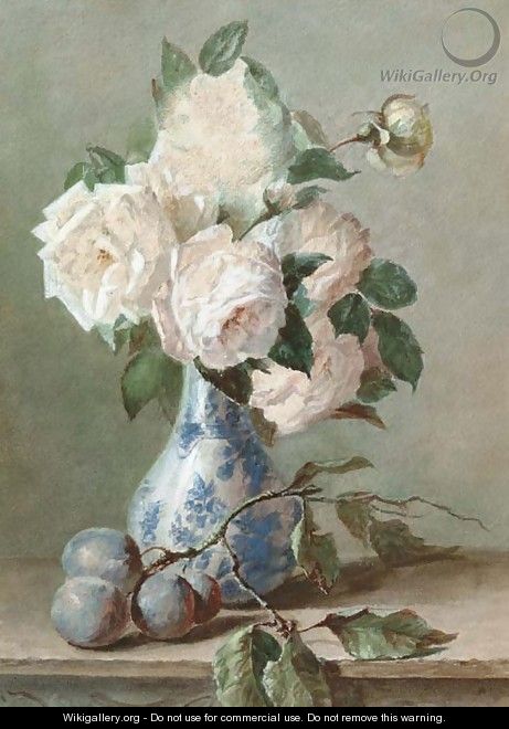 White roses in a blue and white vase - Catharina Kiers
