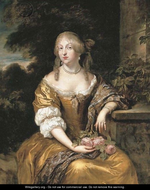 Portrait of a lady, three-quarter-length, in a gold satin gown, seated in a garden - Caspar Netscher