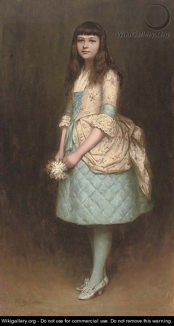 Portrait of Eva MacKintosh, full-length, in a blue dress with a cream flower covered bustle swag and bodice, holding a posy of flowers - Charles A. Sellar