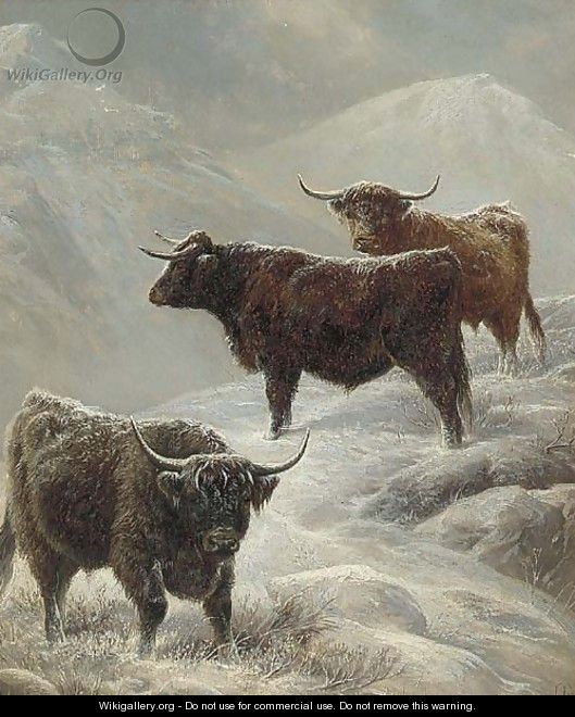 Highland cattle in a mountainous winter landscape - Charles Jones