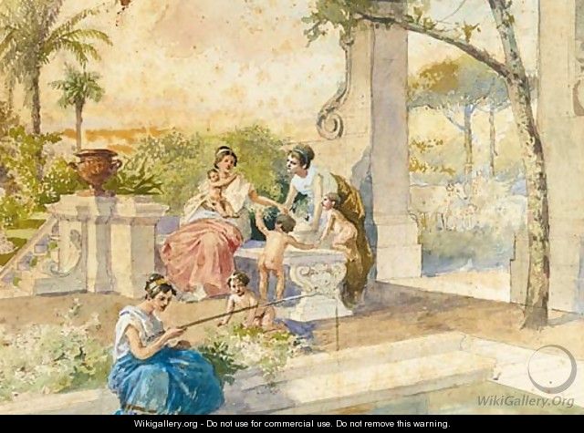 A Classical figure fishing beside a pool in an ornate garden - Cesare Felix dell