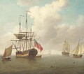 A small man-'o'-war at anchor with cutters under sail - Charles Brooking