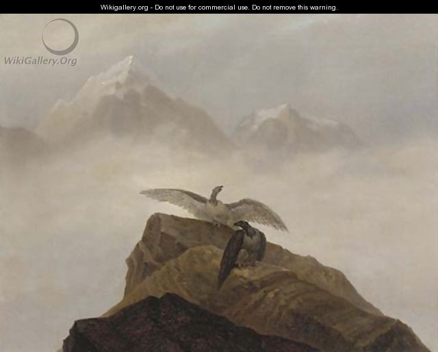 Phantasie aus der Alpenwelt. Adler, die auf einem Alpenhorn nisten - Carl Gustav Carus