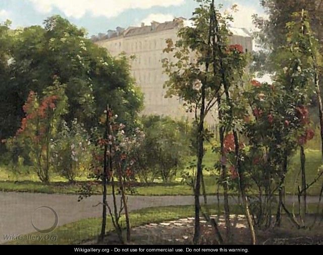 A colonnade on the edge of a park with roses in bloom - Carl Frederick Aagaard