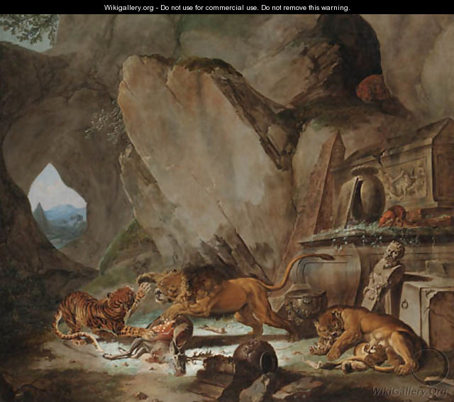 A lion and a tiger fighting over a fallen stag before a classical sarcophagus in a cave, a landscape with a pyramid beyond - Carl Borromaus Andreas Ruthart