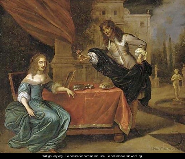 An elegant courting couple in a garden - Carel van Savoy