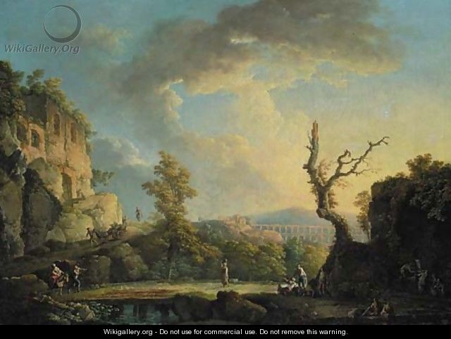 An extensive Italianate river landscape with travellers and soldiers in the foreground, a Roman aqueduct beyond - Carlo Bonavia