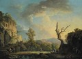 An extensive Italianate river landscape with travellers and soldiers in the foreground, a Roman aqueduct beyond - Carlo Bonavia