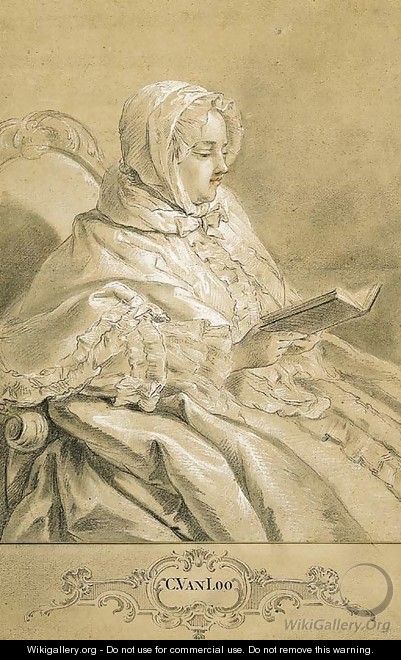 A seated lady wearing a bonnet, reading - Carle van Loo