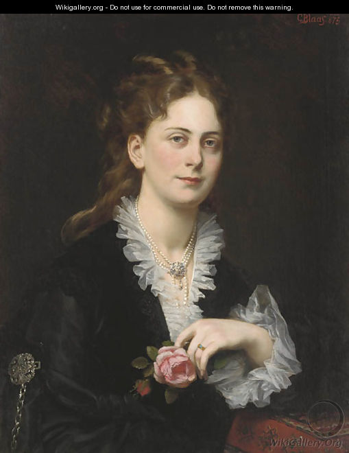 Portrait of Antonie Freifrau von Doblhoff, bust-length, holding a rose - Carl Von Blaas