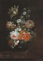 Roses, a tulip and other flowers in a glass vase on a wooden ledge - Caspar Hirscheli