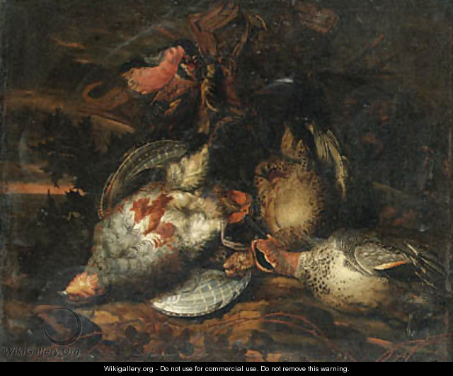 Partridge, a brace of teal, a bullfinch, a goldfinch, a bluetit and other dead birds in a landscape - Frans Luyckx