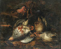 Partridge, a brace of teal, a bullfinch, a goldfinch, a bluetit and other dead birds in a landscape - Frans Luyckx