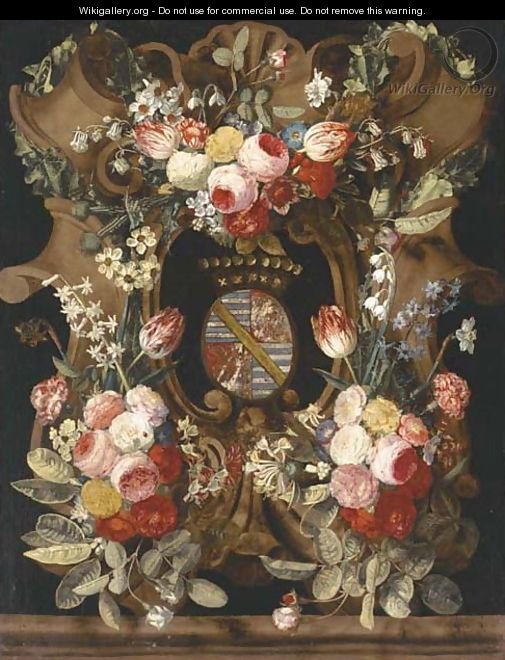A garland of roses, carnations, snowdrops, honeysuckle, morning glory and other flowers around a stone cartouche with a coat-of-arms - Frans Luyckx