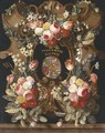 A garland of roses, carnations, snowdrops, honeysuckle, morning glory and other flowers around a stone cartouche with a coat-of-arms - Frans Luyckx