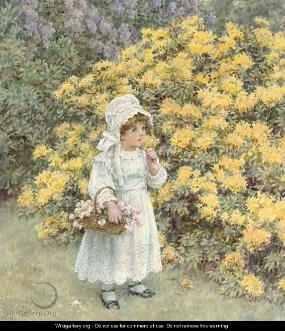 A little girl carrying a basket of flowers before an azalea bush - Caroline Paterson