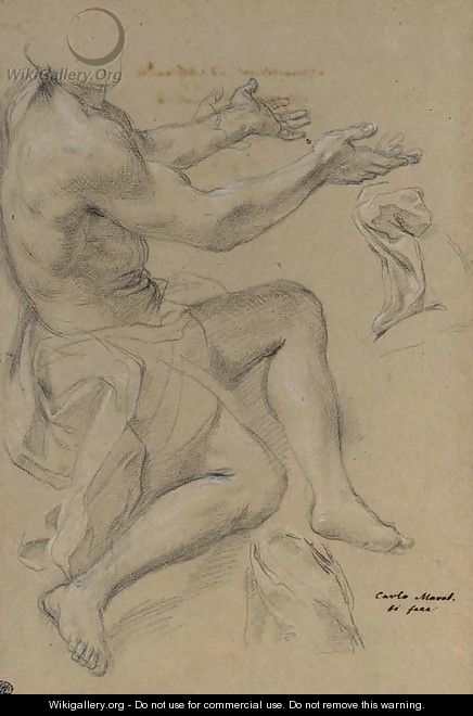 A seated draped man gesturing to the right, with a subsidiary study of drapery - Carlo Maratta or Maratti