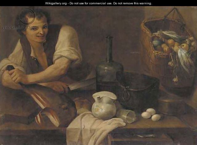 A kitchen interior with a serving boy slicing prosciutto, a basket of vegetables hanging from the wall, bread, a glass, a bottle, and other objects - Carlo Magini