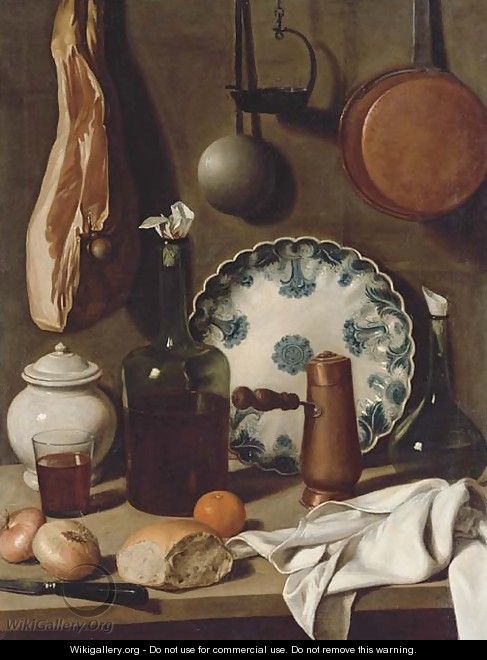 A glass bottle, a blue and white porcelain platter, a copper coffee pot, a flask, a covered jar, a tumbler of wine, a knife, bread - Carlo Magini