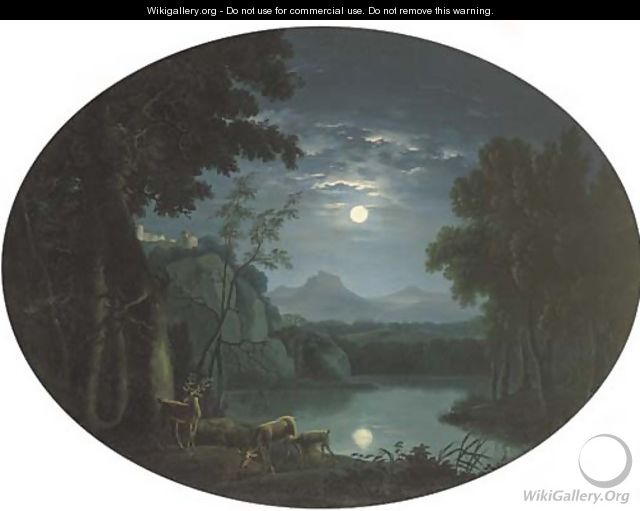 A moonlit landscape with deer by a lake, a hilltop castle beyond - Carlo Labruzzi