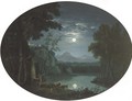 A moonlit landscape with deer by a lake, a hilltop castle beyond - Carlo Labruzzi