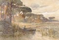 Figure in a boat at the river's edge, in a wooded landscape - C. Karlandi