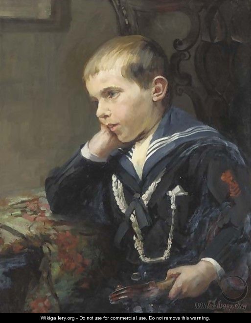Portrait of a young boy, bust-length, in a sailor suit, holding a violin under his left arm - Jane Loudon
