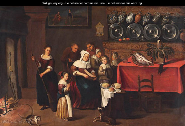 A Kitchen Interior with a Family gathered near a Table - Coenraet Decker