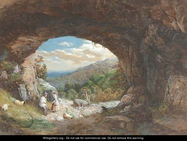 Figures at the entrance to a cave, an extensive landscape beyond - Bradford Rudge
