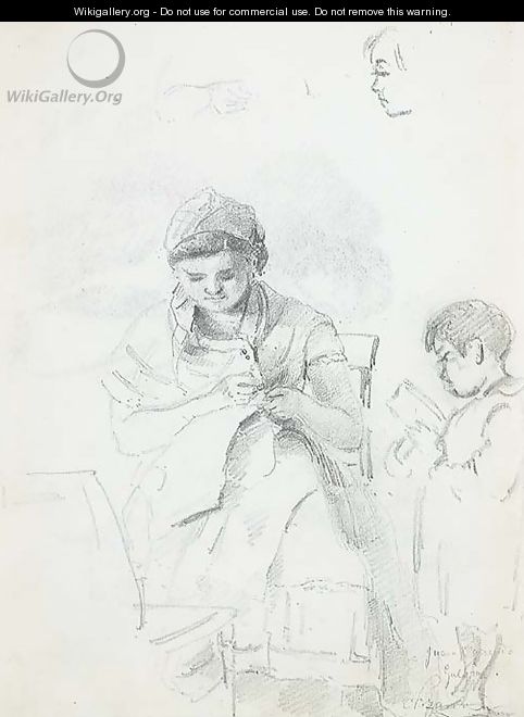 A seated woman sewing and a standing boy reading, with subsidiary studies of the woman