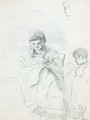 A seated woman sewing and a standing boy reading, with subsidiary studies of the woman