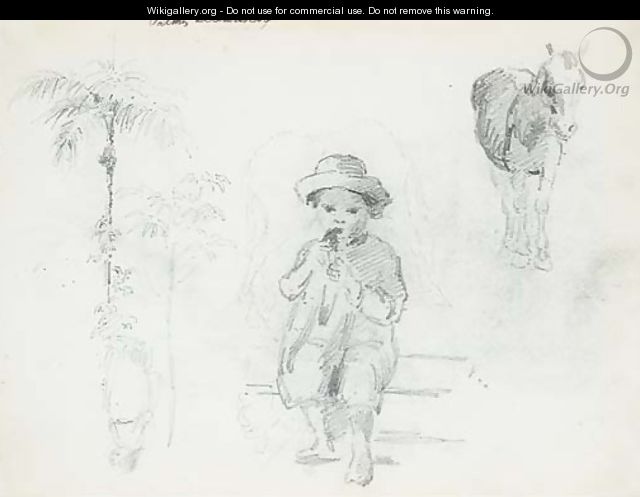 A seated boy eating, with studies of horses, palm trees and another figure - Camille Pissarro