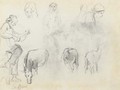 A man in profile to the left playing a guitar, studies of the heads of four women and three horses, San Jose - Camille Pissarro