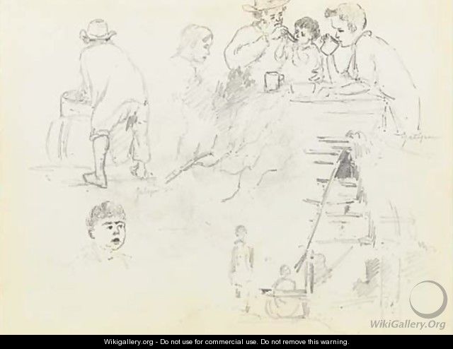A man feeding a baby and two boys drinking at a table, a man seen from behind at a basin, two figures outside a cottage and a boy