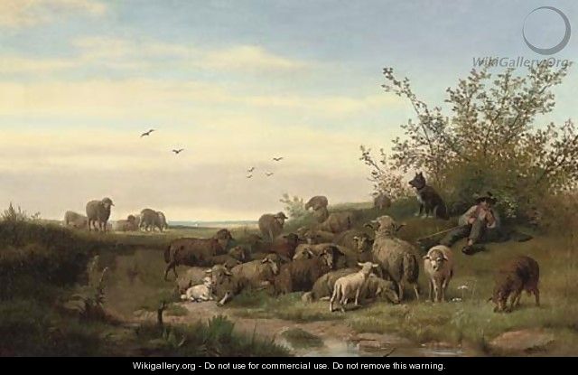 A shepherd resting with his flock - Caesar Bimmermann