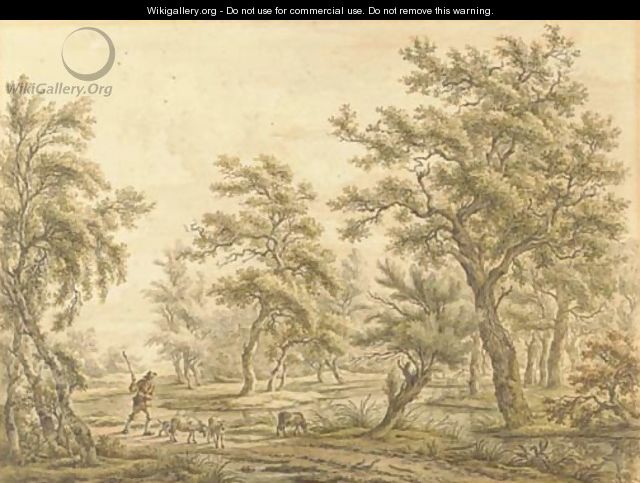 A herdsman and his sheep on a path near a stream in a forest landscape - Carel Lodewijk Hansen