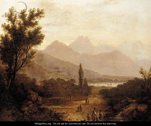 Figures in an extensive mountainous lake landscape - John Duncan