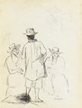 Two seated women conversing with a man seen from behind, with a study of a man carrying a bag, in profile to the left - Camille Pissarro
