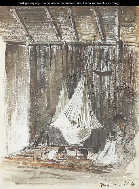 The interior of a hut with a hammock and an Indian mother with her two children, Galipan - Camille Pissarro
