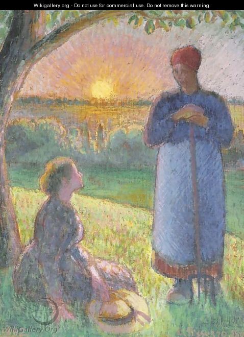 Paysannes causant, soleil couchant, Eragny - Camille Pissarro