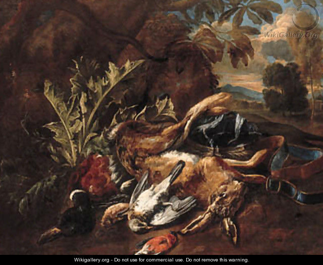 A hunting still life with a hare, a mallard and songbirds in a landscape - Bernaert De Bridt
