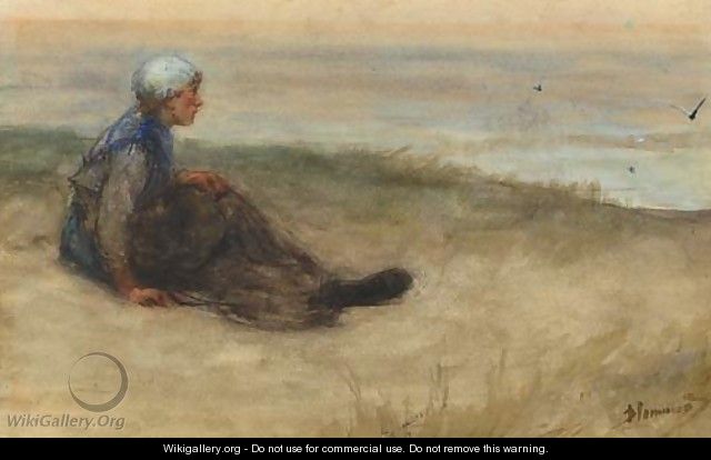 A fisherwoman in the dunes looking out over sea - Bernardus Johannes Blommers
