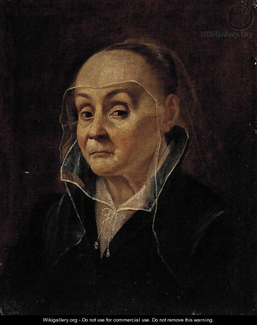 Portrait of an old lady, bust-length, veiled, in a black dress - Bolognese School