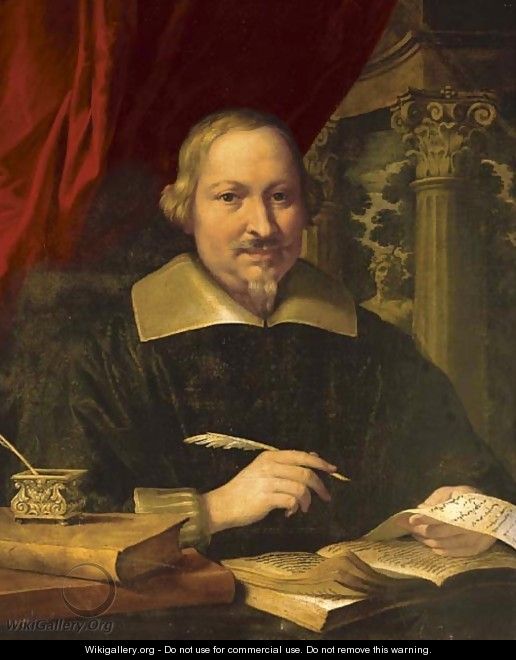 Portrait of a scholar, seated, with a quill pen, books and documents - Bolognese School