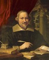 Portrait of a scholar, seated, with a quill pen, books and documents - Bolognese School