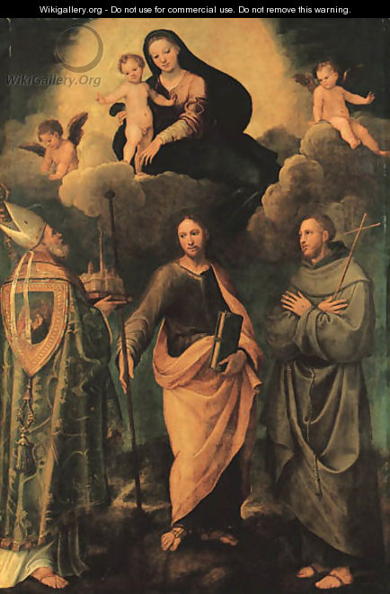 The Madonna and Child appearing to Saint Petronius of Bologna, the Apostle Saint James the Greater, and Saint Francis of Assisi - Biagio Pupini