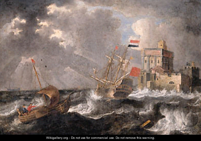 A Dutch threemaster and a wijdschip offshore in a gale, a fortified castle beyond - Bonaventura, the Elder Peeters